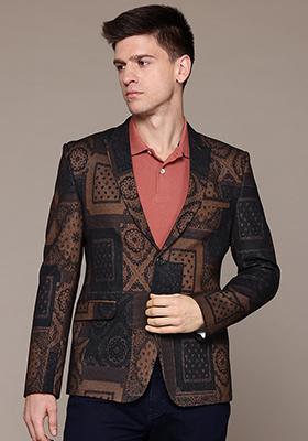 Brown Solid Polyester Blazer For Men