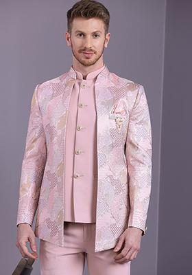 Pink Woven Jacquard Jodhpuri Set For Men