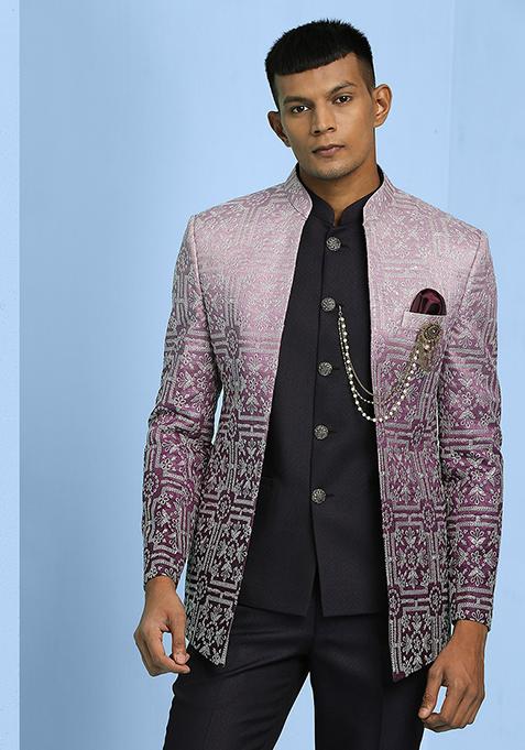 Purple Embroidered Polycotton Jodhpuri Set For Men