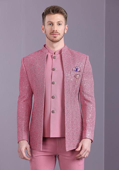 Pink Embroidered Georgette Jodhpuri Set For Men