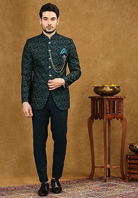 Green Embroidered Velvet Jodhpuri Set For Men