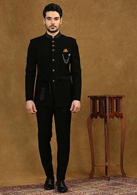 Black Solid Polyester Jodhpuri Set For Men