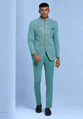 Blue Embroidered Georgette Jodhpuri Set For Men