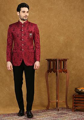 Red Embroidered Jacquard Jodhpuri Set For Men