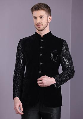 Black Embroidered Velvet Jodhpuri Set For Men