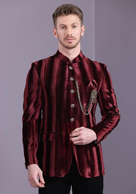 Red Solid Velvet Jodhpuri Set For Men