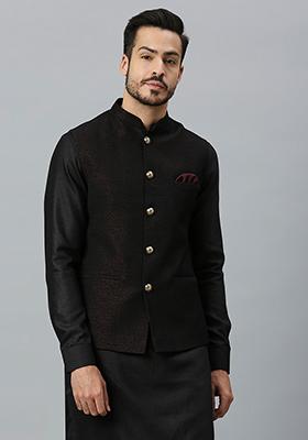 Maroon Solid Polyester Nehru Jacket For Men
