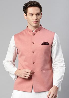 Pink Solid Polyester Nehru Jacket For Men