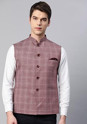 Maroon Solid Polyester Nehru Jacket For Men