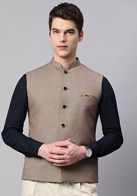 Fawn Orange Solid Polyester Nehru Jacket For Men