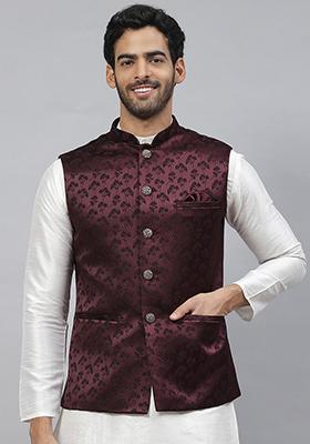 Maroon Solid Polyester Nehru Jacket For Men