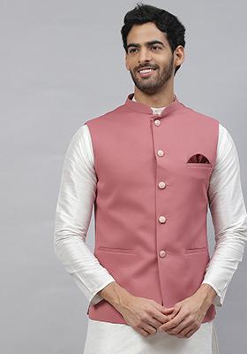 Pink Solid Polyester Nehru Jacket For Men