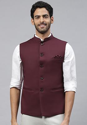 Maroon Solid Polyester Nehru Jacket For Men