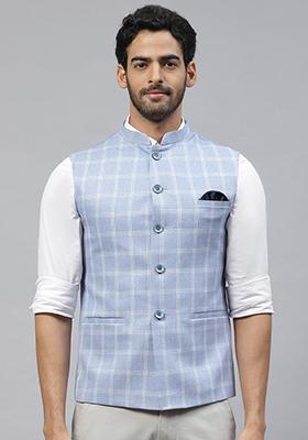 Blue Solid Polyester Nehru Jacket For Men