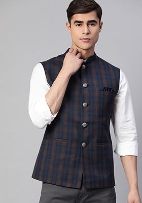 Blue Solid Polyester Nehru Jacket For Men
