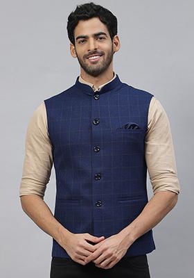 Blue Solid Polyester Nehru Jacket For Men