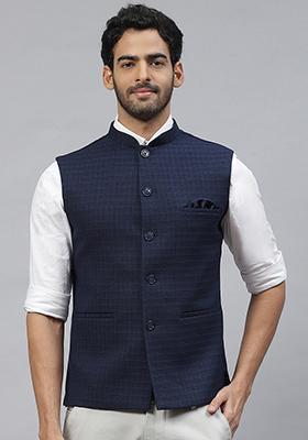 Blue Solid Polyester Nehru Jacket For Men