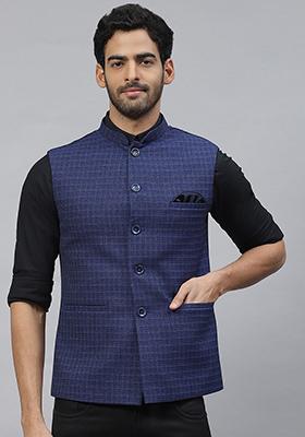 Blue Solid Polyester Nehru Jacket For Men
