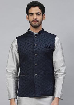 Blue Solid Polyester Nehru Jacket For Men