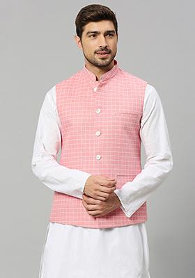 Pink Solid Linen Nehru Jacket For Men