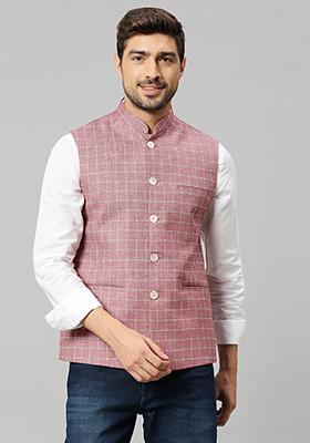 Pink Solid Linen Nehru Jacket For Men