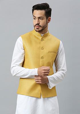 Yellow Solid Cotton Nehru Jacket For Men