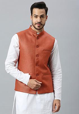 Brown Solid Cotton Nehru Jacket For Men