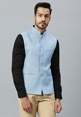 Blue Solid Cotton Nehru Jacket For Men