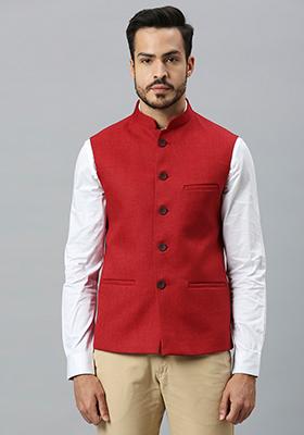 Red Solid Cotton Nehru Jacket For Men
