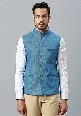 Blue Solid Cotton Nehru Jacket For Men