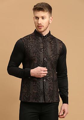 Black Solid Polyester Nehru Jacket For Men