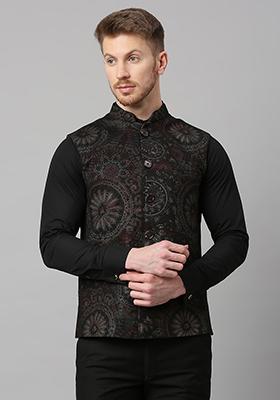 Black Solid Polyester Nehru Jacket For Men