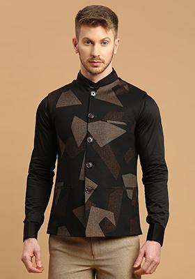 Black Solid Polyester Nehru Jacket For Men