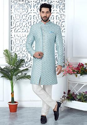 Sky Blue Embroidered Silk Indo Western Sherwani Set For Men
