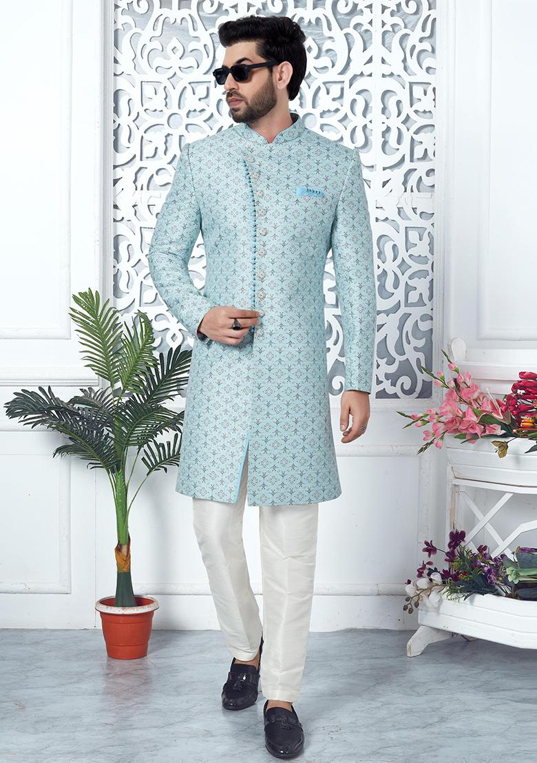 Sky Blue Embroidered Silk Indo Western Sherwani Set For Men