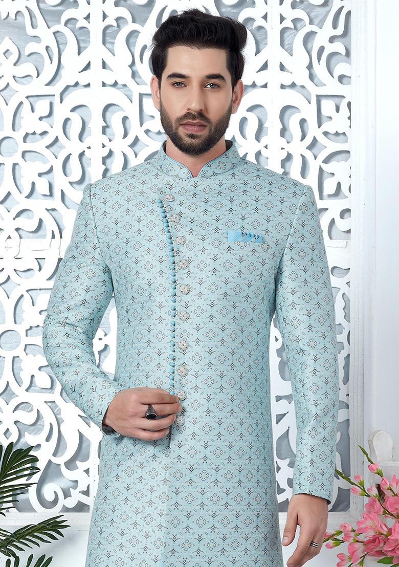 Sky Blue Embroidered Silk Indo Western Sherwani Set For Men