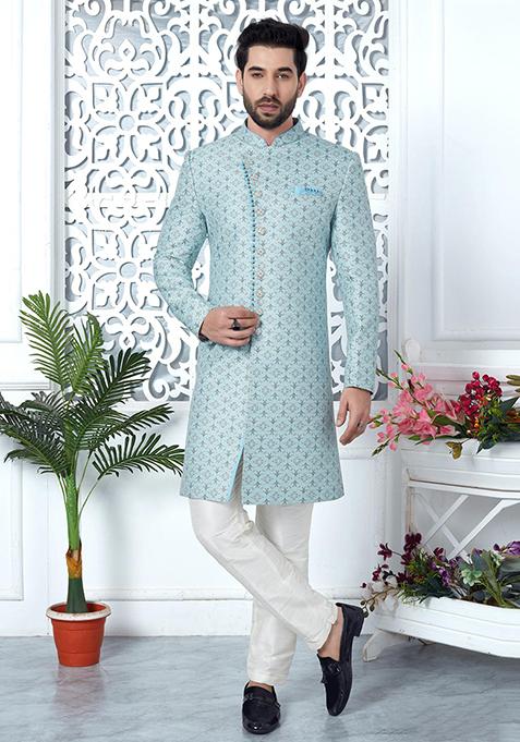 Sky Blue Embroidered Silk Indo Western Sherwani Set For Men