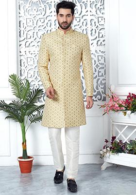 Yellow Embroidered Silk Indo Western Sherwani Set For Men