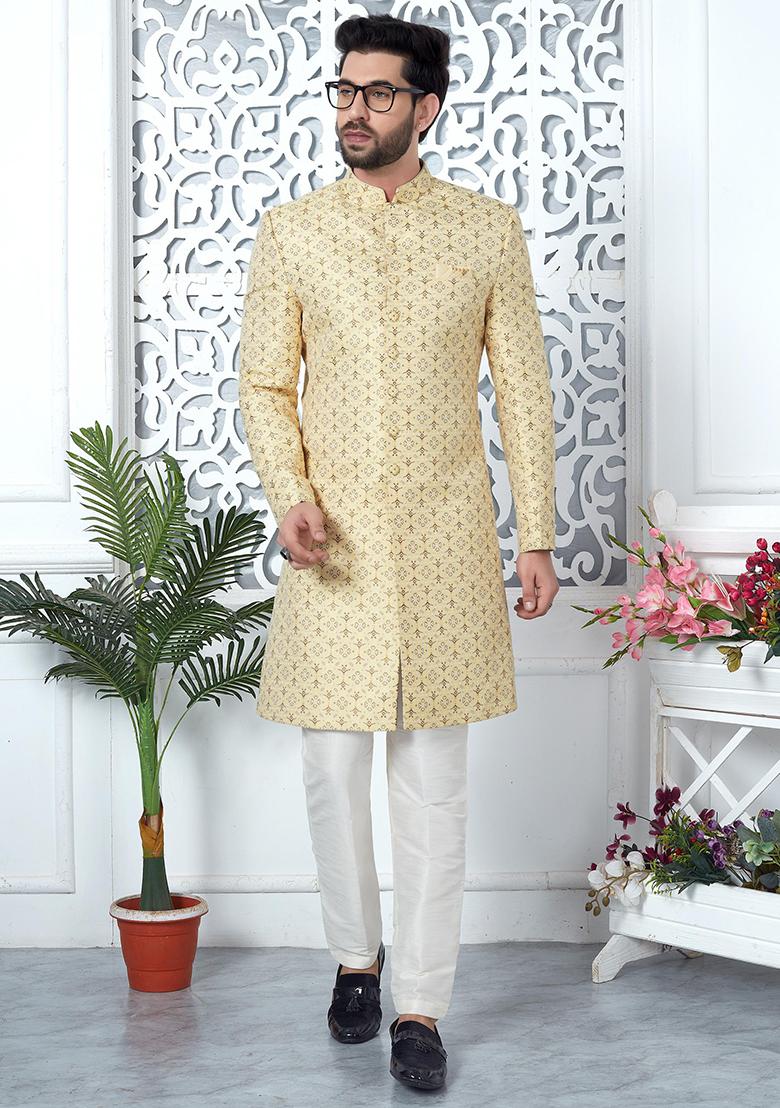 Yellow Embroidered Silk Indo Western Sherwani Set For Men