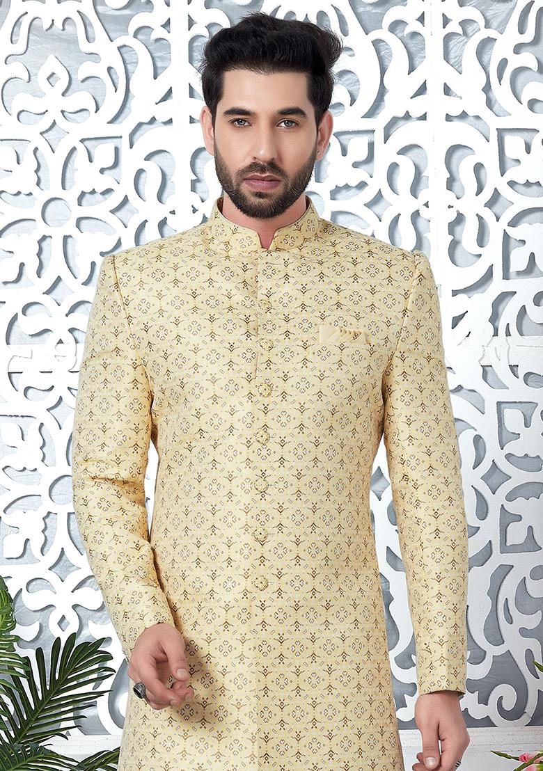Yellow Embroidered Silk Indo Western Sherwani Set For Men