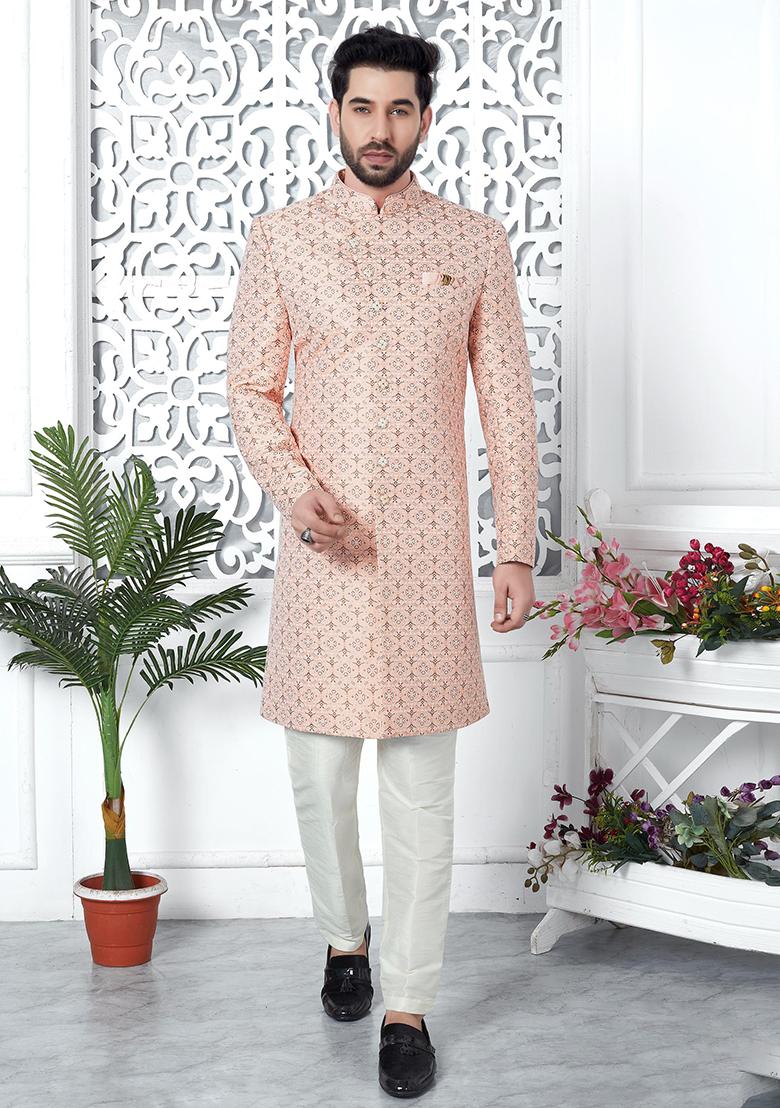 Pink Embroidered Silk Indo Western Sherwani Set For Men