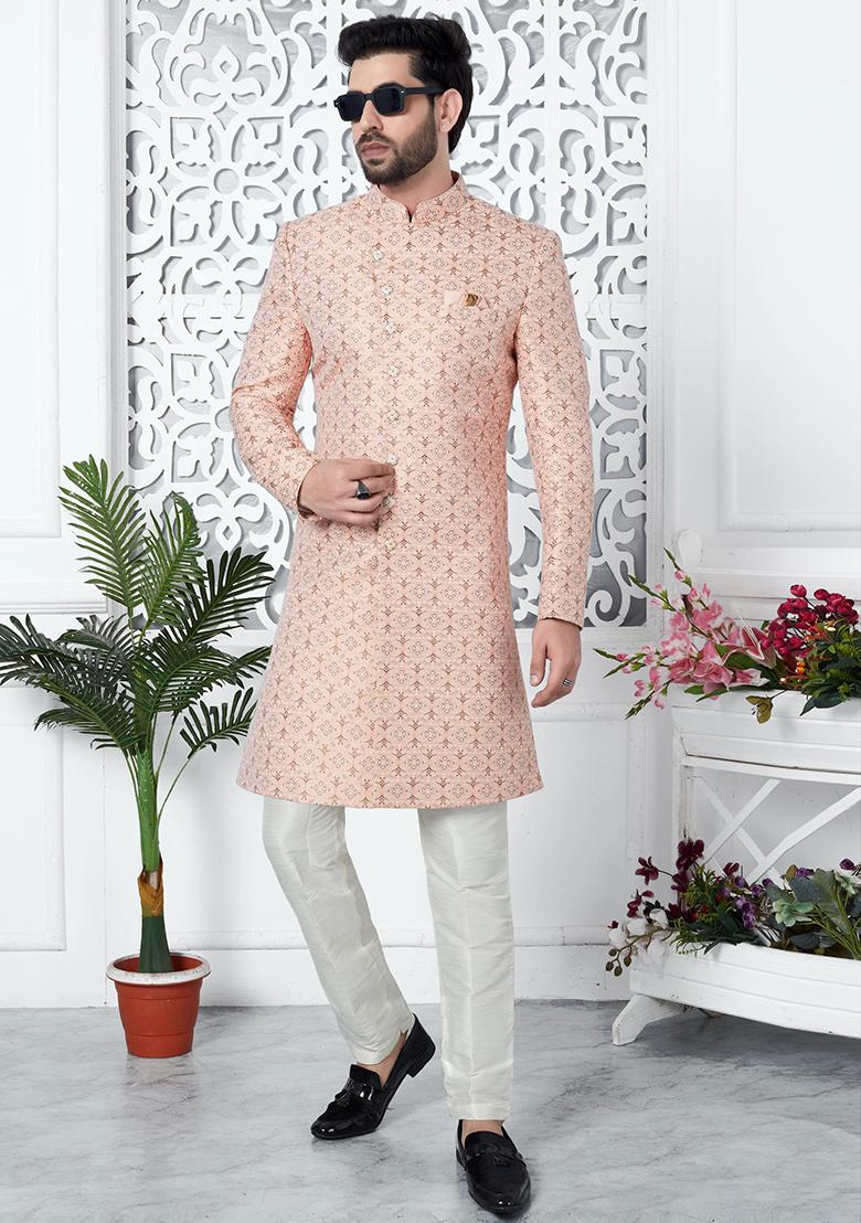 Pink Embroidered Silk Indo Western Sherwani Set For Men