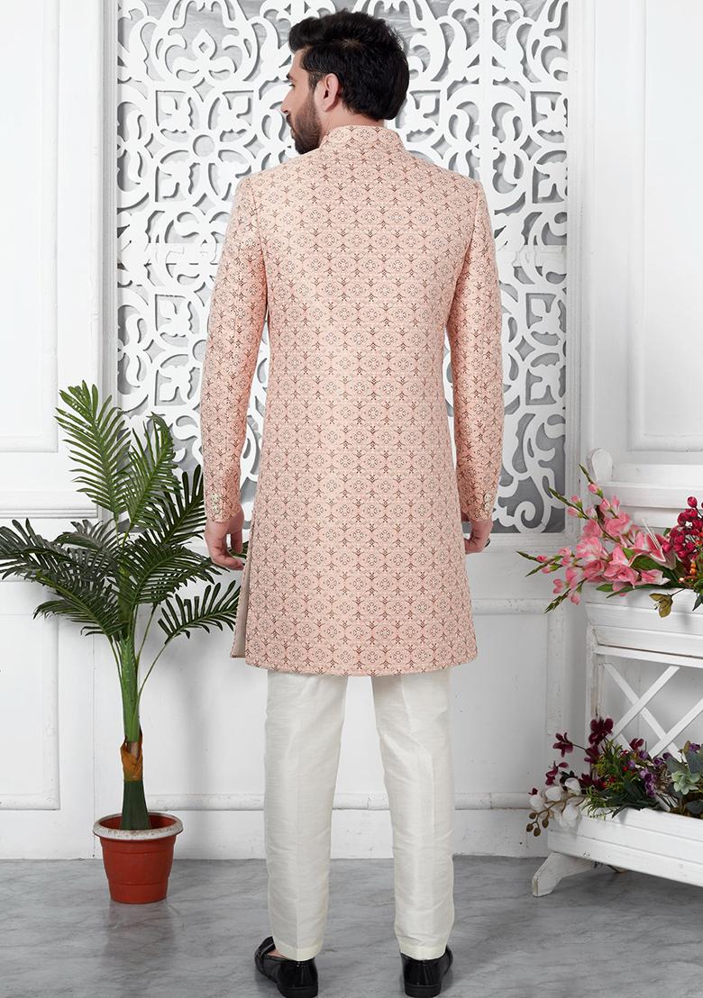 Pink Embroidered Silk Indo Western Sherwani Set For Men