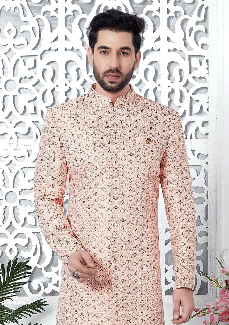 Pink Embroidered Silk Indo Western Sherwani Set For Men