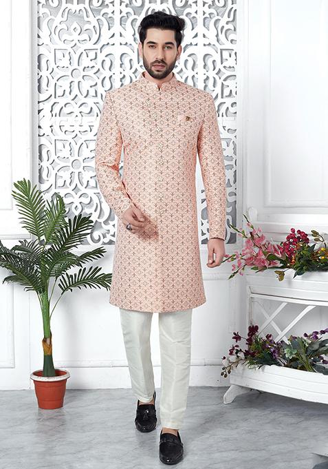 Pink Embroidered Silk Indo Western Sherwani Set For Men