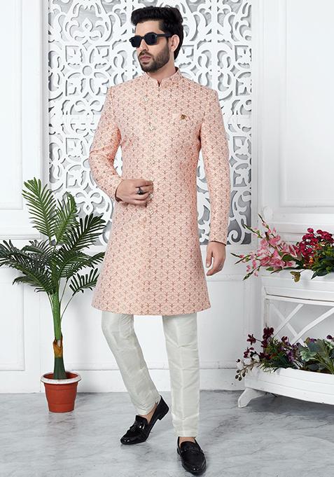 Pink Embroidered Silk Indo Western Sherwani Set For Men