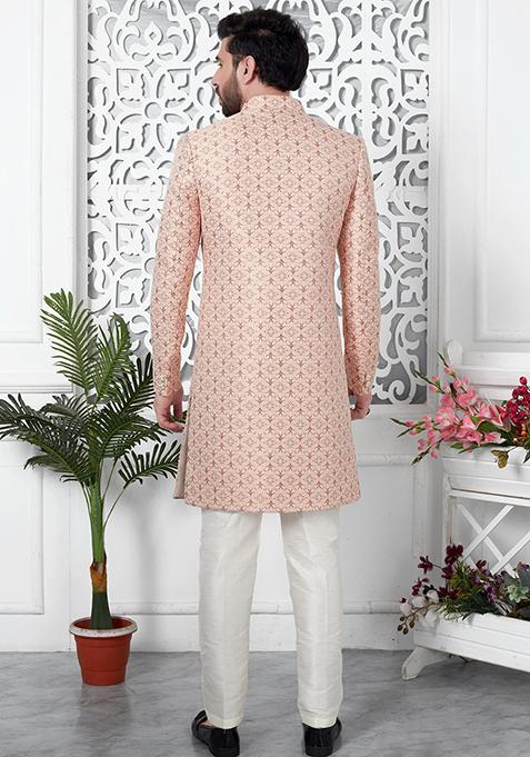 Pink Embroidered Silk Indo Western Sherwani Set For Men