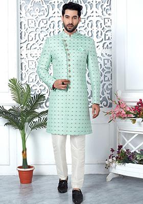 Green Embroidered Silk Indo Western Sherwani Set For Men