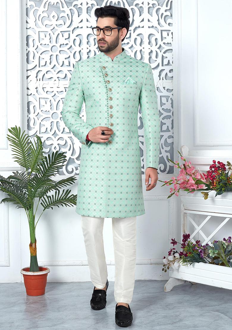 Green Embroidered Silk Indo Western Sherwani Set For Men