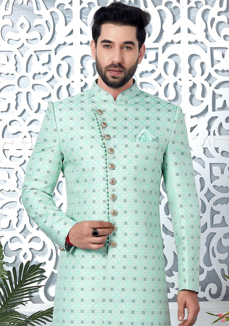 Green Embroidered Silk Indo Western Sherwani Set For Men